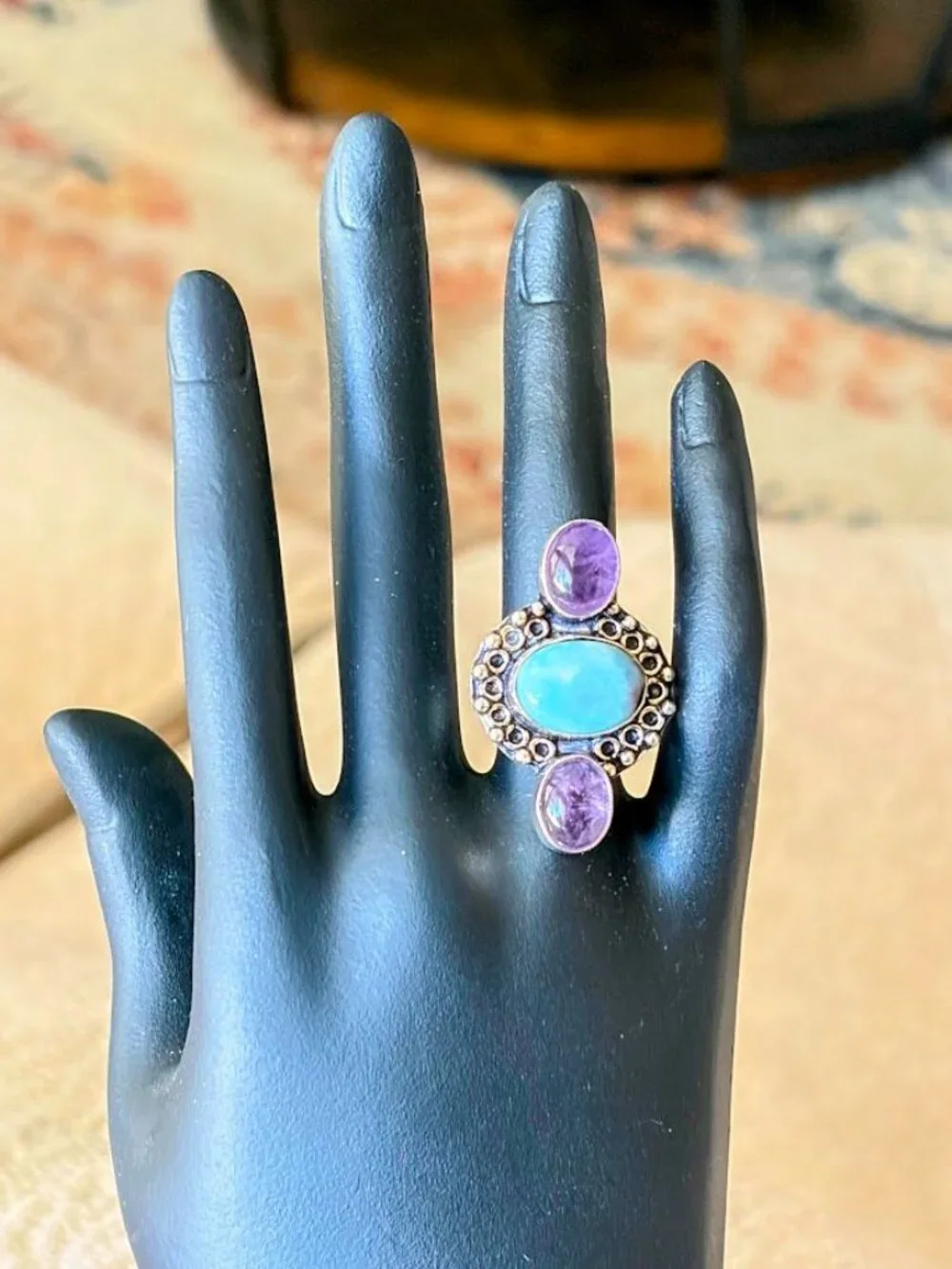 Larimar and Amethyst Tri-Stone Statement Ring 925 Silver Plated - Size 6.75
